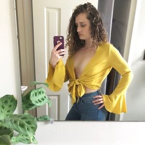 Nasty Gal mustard bell sleeve tie front crop top